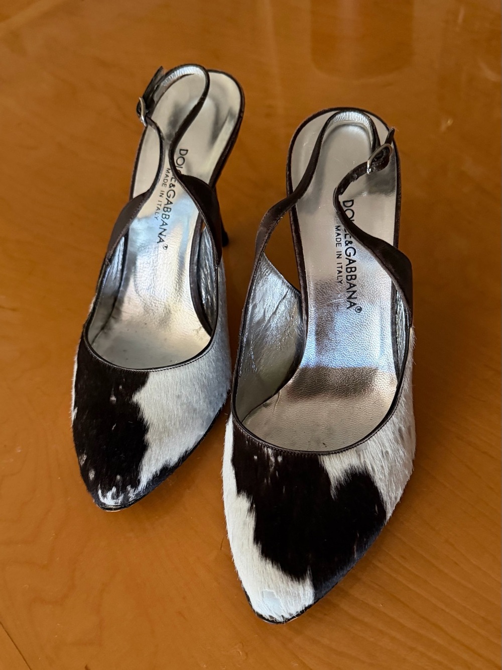 Dolce & Gabbana Black and White Cowhair Pointed Slingback Pumps